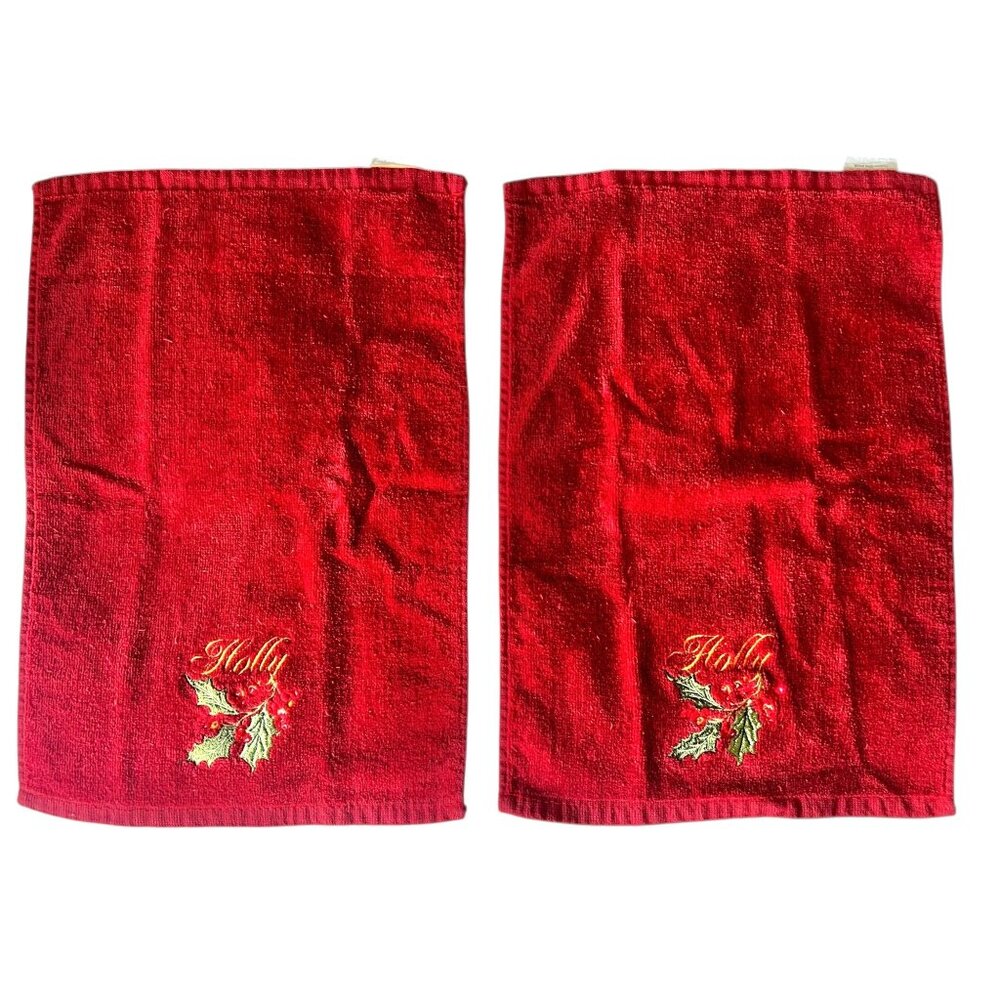 Set Of 2 Red Christmas Hand Towels With Embroidered Holly Leaves & Berries 15.5”